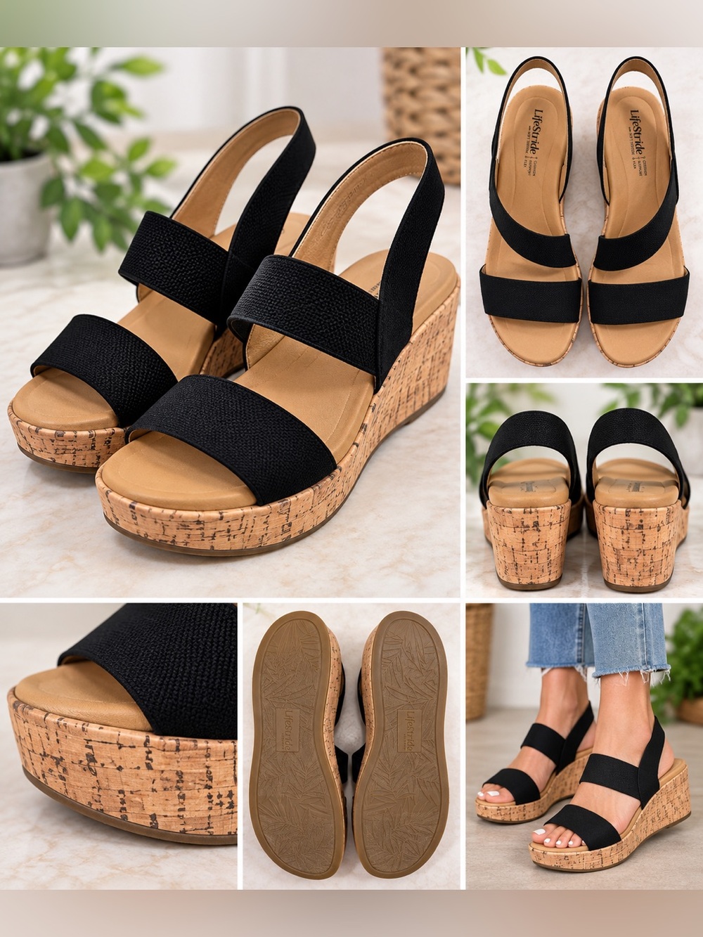 LifeStride Black Cork Wedge Sandals – Women’s 7.5 – New in Box